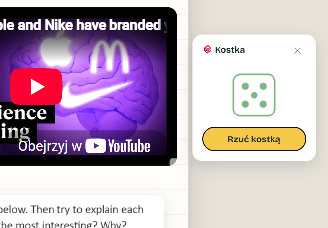 Kostka do gry - zrzut ekranu z tablicy Langle