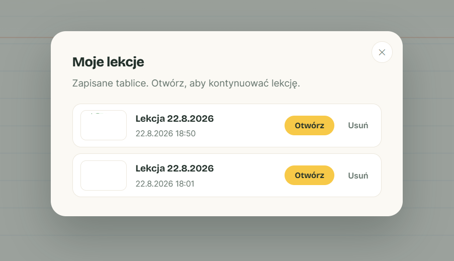 Historia lekcji - zrzut ekranu z tablicy Langle