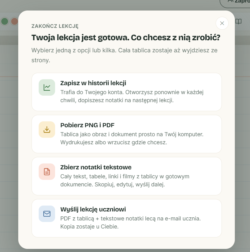 Zapis i wysyłka PDF - zrzut ekranu z tablicy Langle
